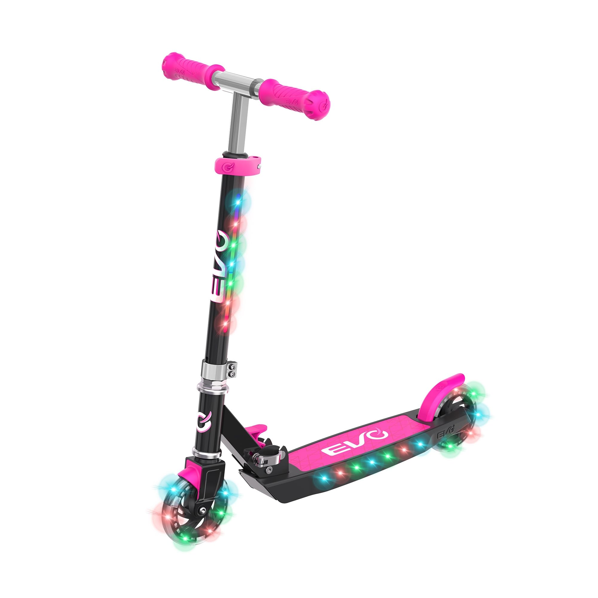 EVO Light Blast Light Up 2 Wheeled Scooter | Kids Push Scooter With Adjustable Handle Height | Easy Fold Mechanism Kick Scooter For Boys And Girls| Kick Scooter For Kids Aged 5-12 (Pink)