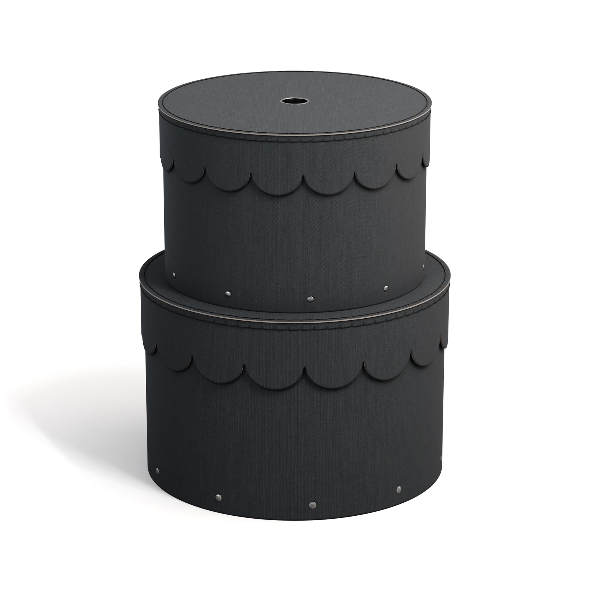 Bigso Box of Sweden Set of 2 Decorative Paper Round Storage Boxes with Lids - Stackable Hat Box Style Storage Containers - Small Box Organisers for Bits & Bobs - Dark Grey — image 1