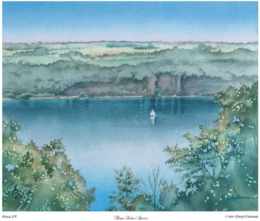 Cayuga Lake Landscape with Sailboat Watercolor, Ithaca NY, Finger Lakes, Mother's Day Gift, Giclee Print by Cheryl Chalmers