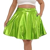 HDE Plus Size Shiny Metallic Skater Skirt High Waisted Holographic Pleated Skirt