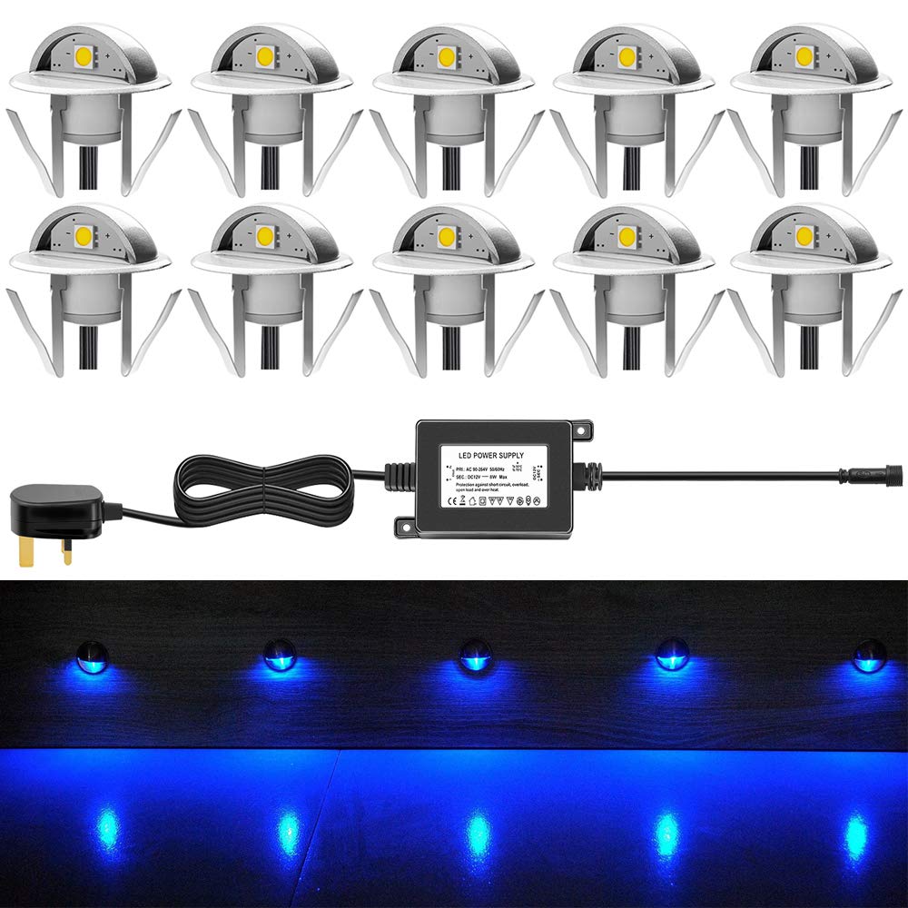 CHNXU Pack of 10 x Led Deck Lights Eyelid Step Lights Recessed Outdoor Waterproof IP65 Low Voltage 12v 35mm Blue Kit