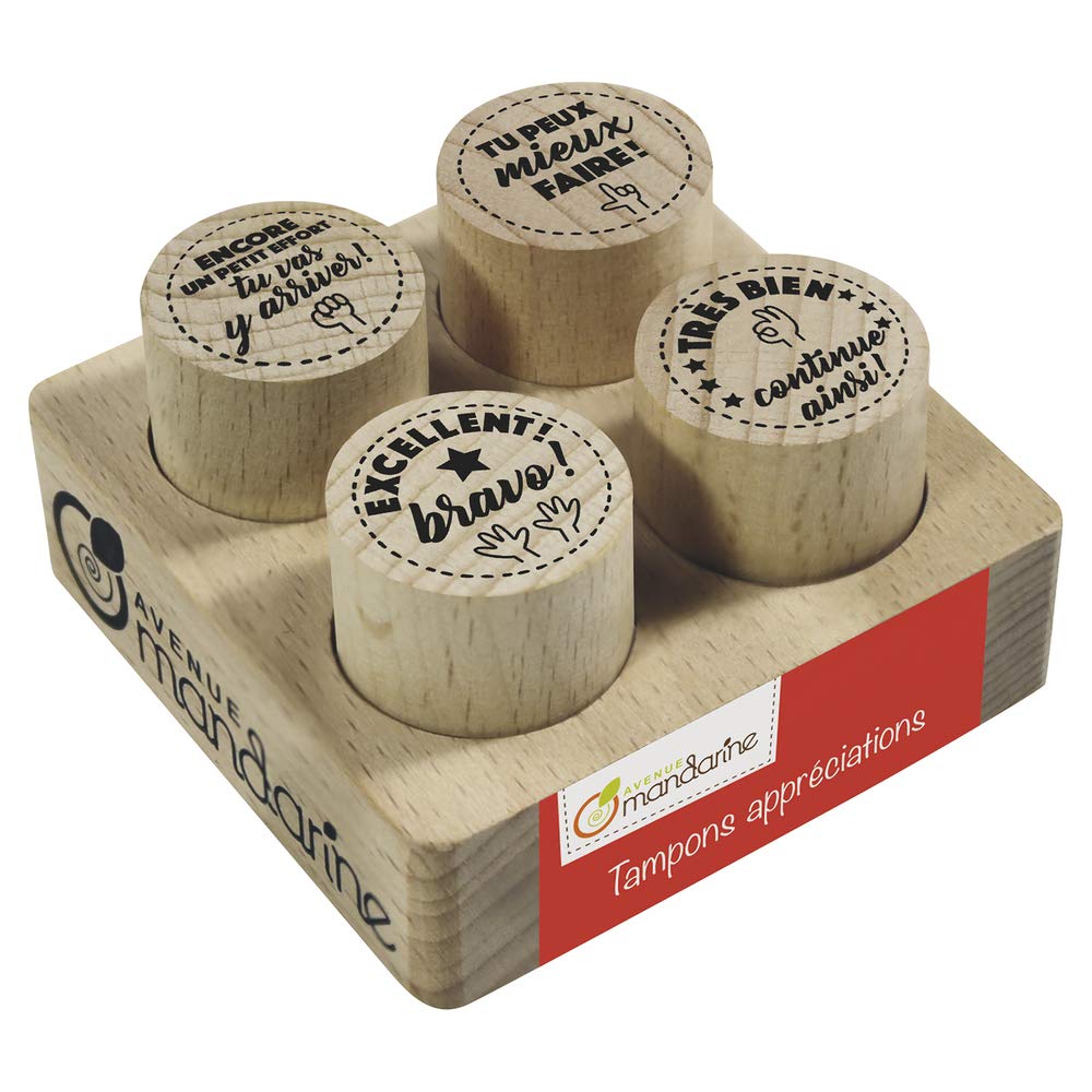 Avenue Mandarine - Ref CO157C - Appreciation Stamps (Set of 4) - Solid Quality Wooden Stamps with Positive Messages for Parents and Teachers to Add To Children's Work - Pack 1