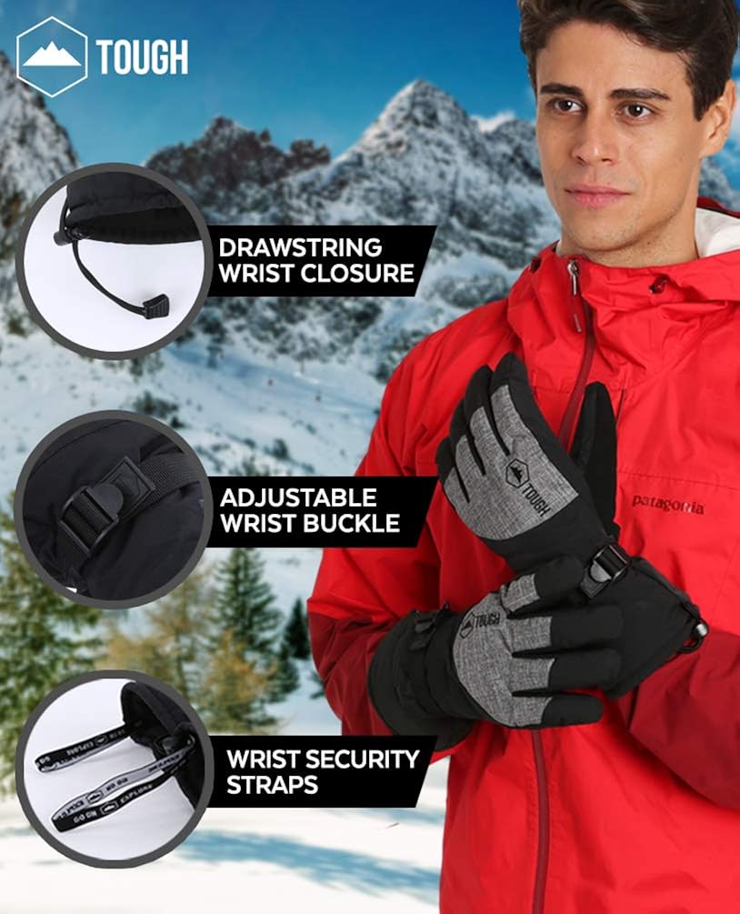 Ski & Snow Gloves - Waterproof & Windproof Winter Snowboard Gloves for Men & Women for Cold Weather Skiing & Snowboarding - With Wrist Leashes, Nylon Shell, Thermal Insulation & Synthetic Leather Palm : Clothing