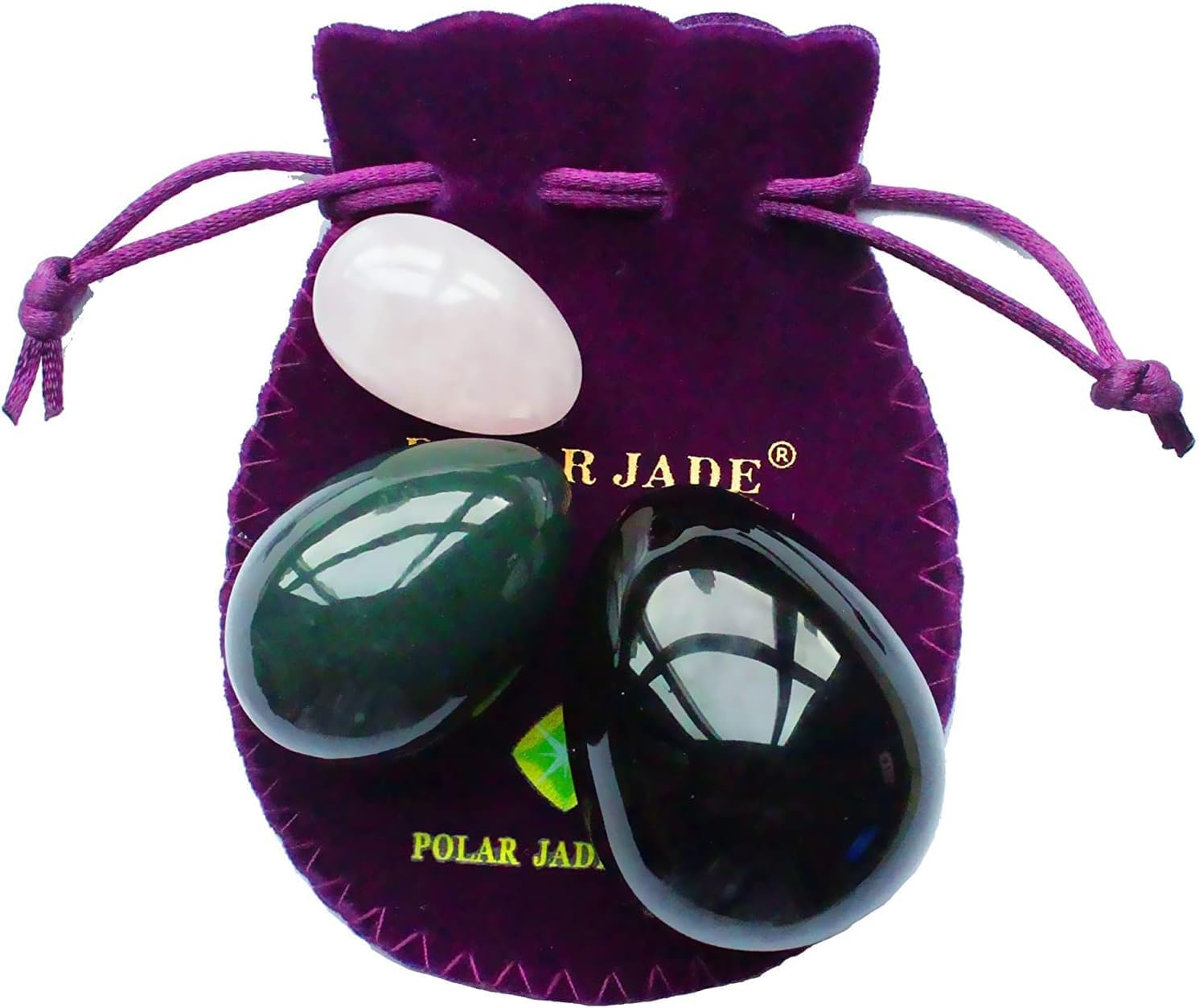 POLAR JADE Jade Eggs 3-pcs Set with 3 Sizes and 3 Gemstones, Undrilled, with Instructions and Certificate, Made of Nephrite Jade, Rose Quartz and Obsidian