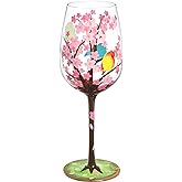 NymphFable Hand Painted Flower Wine Glass 15oz Colorful Birds Cherry Blossom Flower Anniversary Birthday Gifts for Her