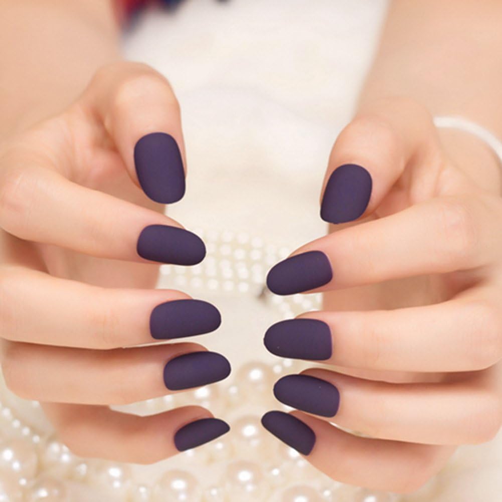 Yunai 24pcs False Nails Deep Purple Matte Manicure Patch Small
