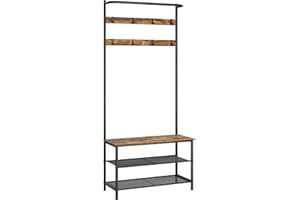 YATINEY Hall Tree, Coat Rack with Shoe Bench, 4-in-1 Entryway Bench with Storage Shelves, Hanging Rod and 8 Movable Hooks, Hall Tree with Storage Bench for Hallway, Rustic Brown and Black MT02BR