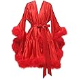 Changuan Women's Feather Robe Silk Satin Fur Bridal Robe Short Dressing Gown Lingerie Nightgown Bathrobe Sleepwear