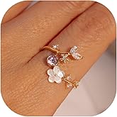 JALZEMPL Birthstone Flower Rings For Women Non Tarnish Gemstone Cubic Zirconia Mother of Pearl Adjustable Size 7-11 Silver Rose 14K Gold Plated Birth Jewelry Gift For Birthday