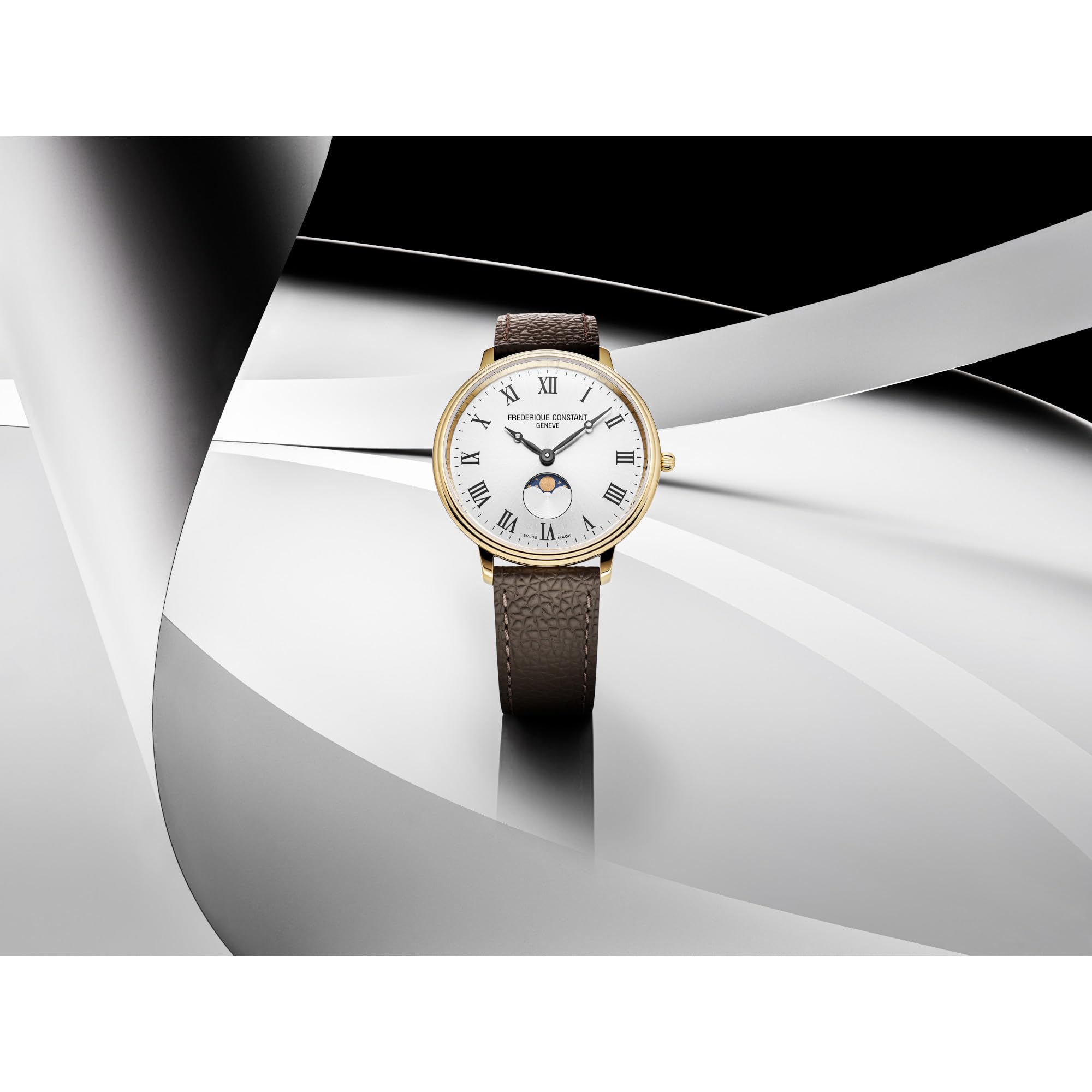 Frederique Constant Classic Quartz Moonphase Gold Stainless Steel Case Watch and Brown Leather Strap, Silver Dial, Style: FC-206RS3S5