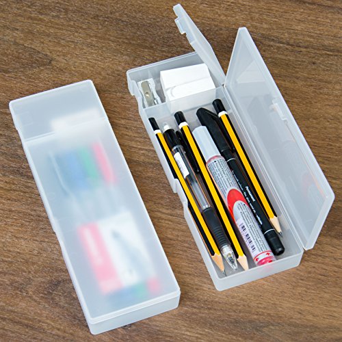 Creative Officeworks Plastic Pencil Cases, Frosty Transparent Finish, Two Compartments With Separate Lids - Best For School And Work (White, 2Pack)