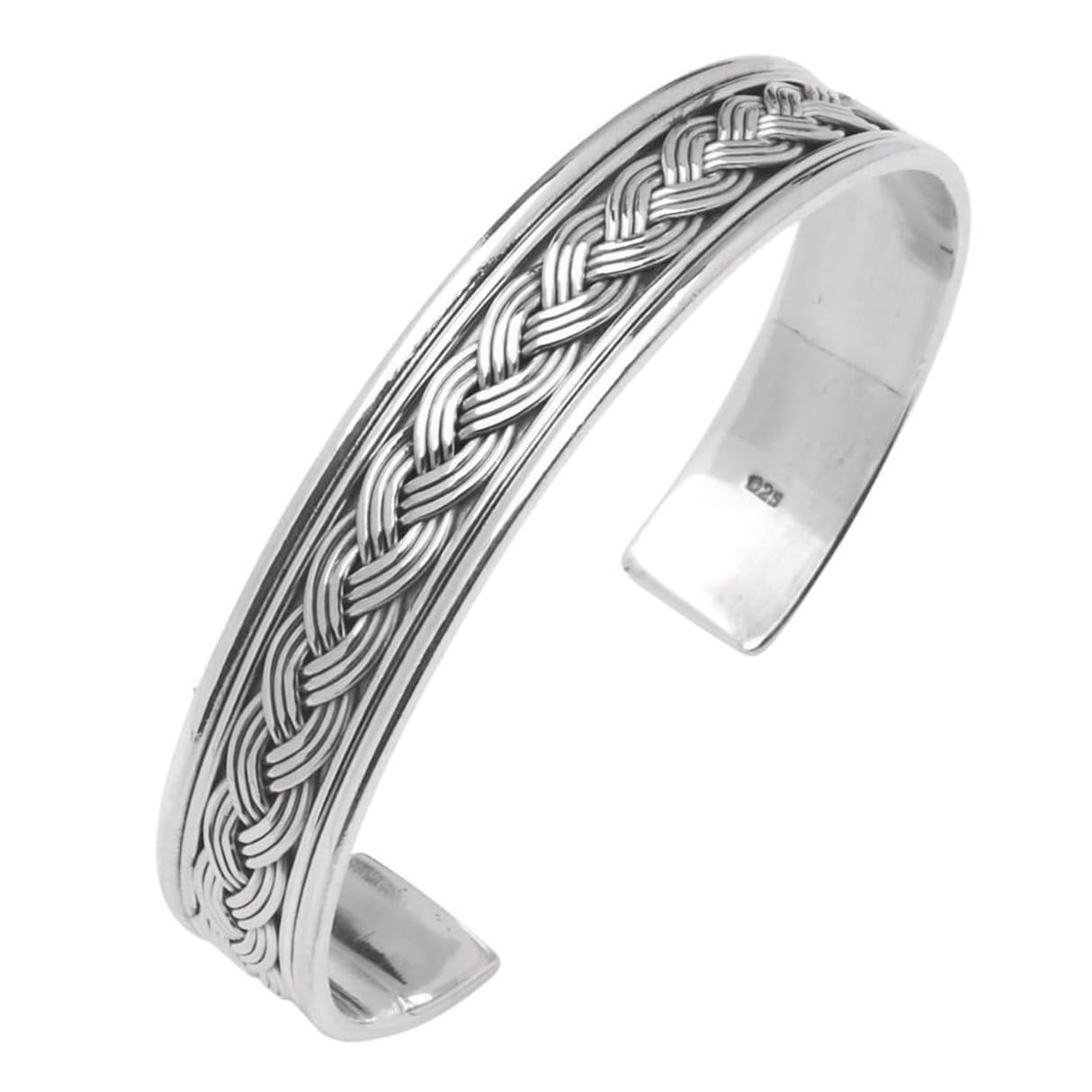 Treasure Bay Men's Silver Bangle Bracelet - Solid 925 Sterling Silver Braided Detail Cuff bangle For Men