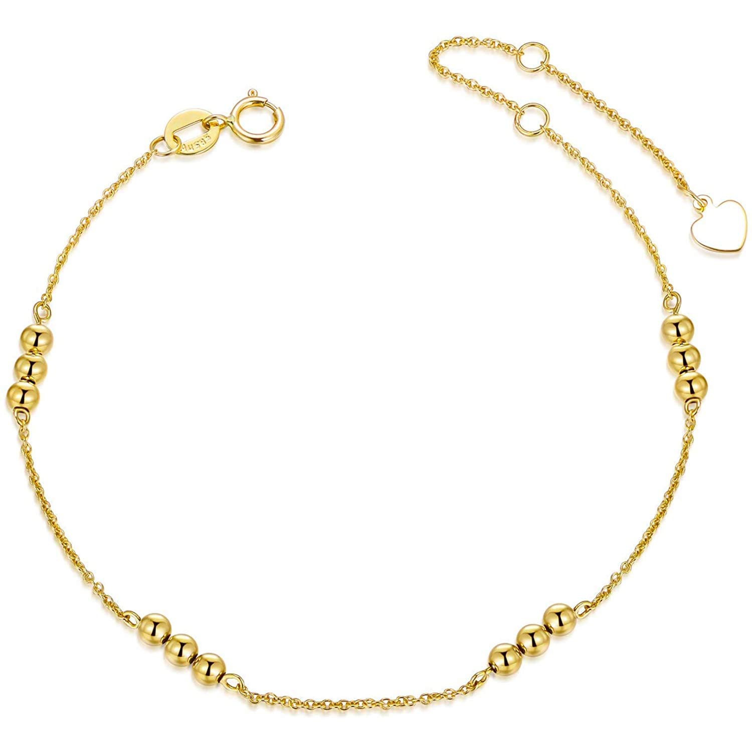SISGEM 9 ct Women's Gold Bead Bracelet, Solid Gold Dainty Chain Bracelet, for Mum Sister Girl, 7+1+1inch
