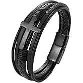 Fahonie Cross Leather Bracelet for Men Women 316L Stainless Steel with 18K Gold Plated Christ Jesus Multi-layer Handmade Christian Bracelet,7.5/8/9 Inches