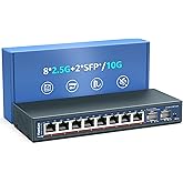 10 Port 2.5G Umanaged Ethernet Switch, 8 x 2.5G Base-T Ports, 2 x 10G SFP, Compatible with 100/1000/2500Mbps, Metal Fanless,