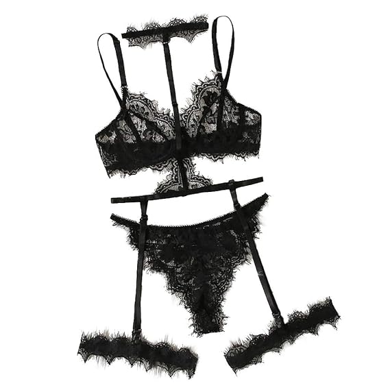 friendGG Neue Sexy Exquisite Dessous BH + Strumpfband + Slips Set Babydoll Cut-Out Nachtwäsche Wimper Lace Set