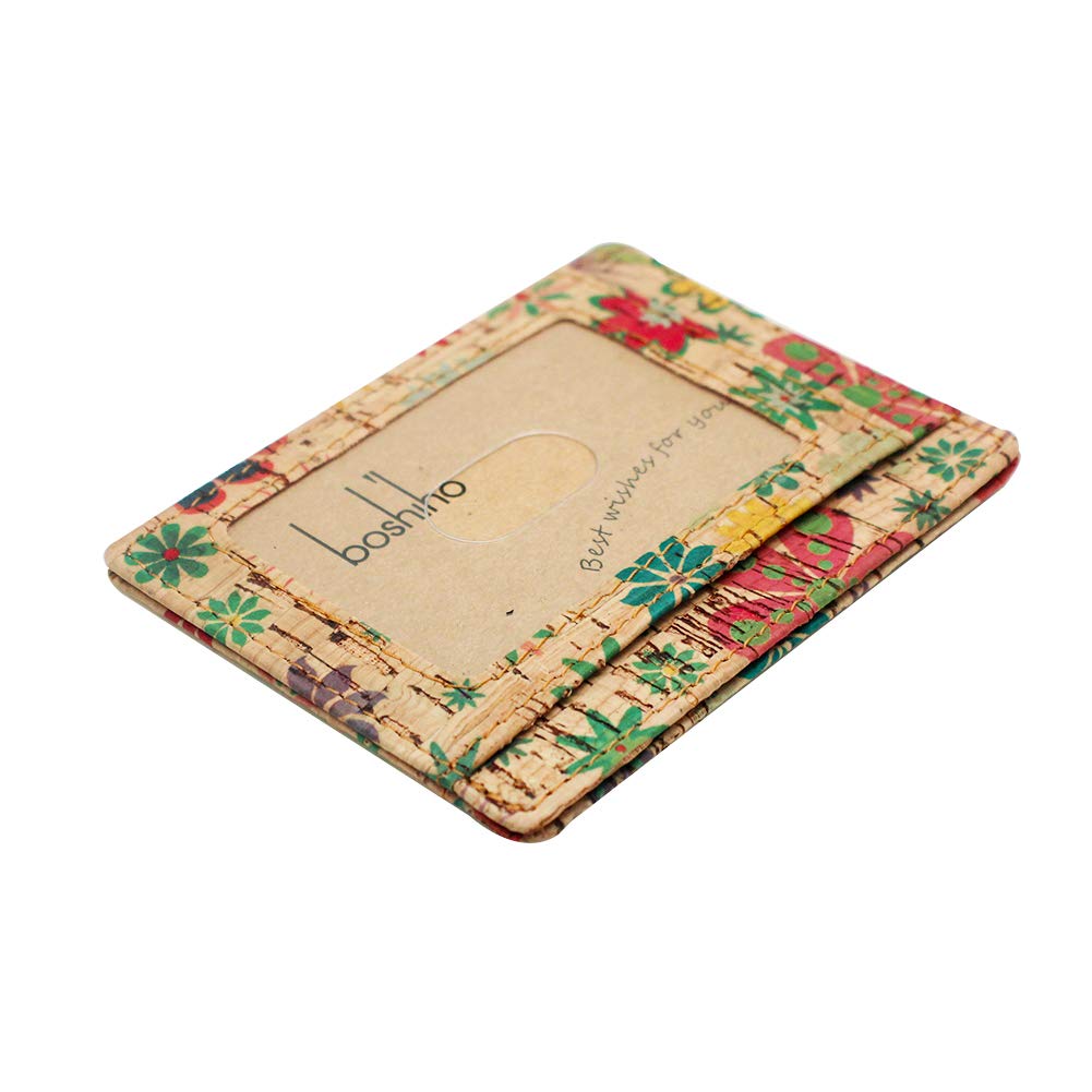 Boshiho Credit Card Holder, Ultra Slim Vegan Cork Card Case Women Wallet Holds 7 Cards and Bank Notes Cork Gift for Ladies (Flower-a)