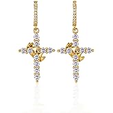 Hersin Crown Cross Earrings for Women 18K Gold Plated Diamond Drop Dangle Cross Hoop Earrings Small CZ Huggie Hoops Faith Cross Jewelry Gifts for Women Men