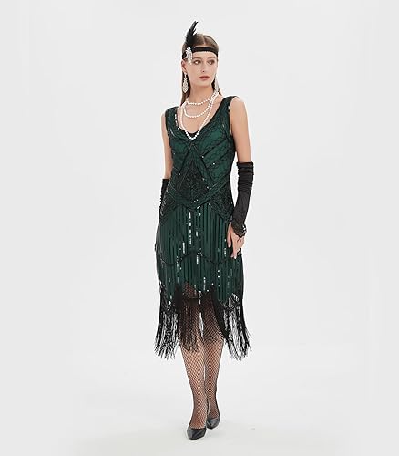 WILDPARTY 1920S Women Flapper Dress V Neck Sequin Bead Fringed