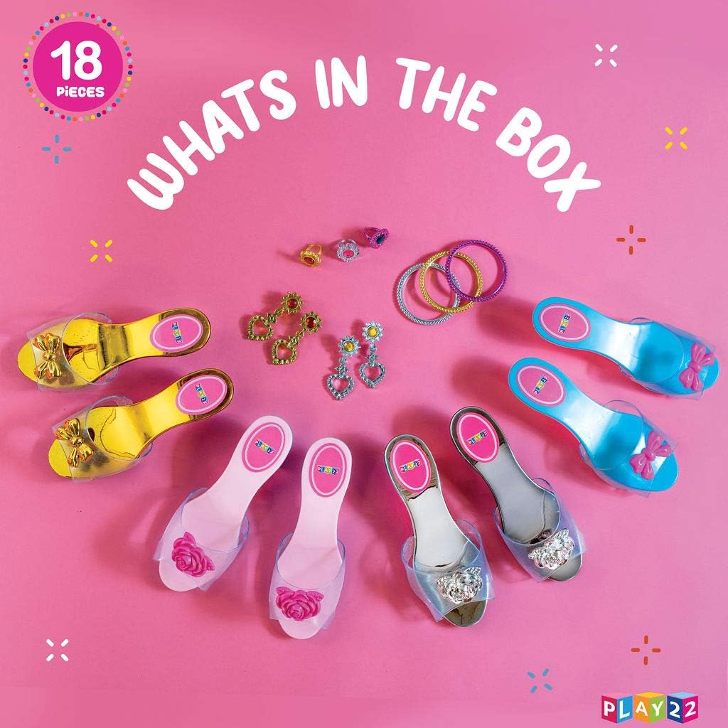 Play22 Princess Girls Dress Up Shoes And Jewelry Boutique 18 Set – 4 Pairs Pretend Play Shoes For Little Girls, 2 Earrings, 3 Bracelets, 3 Rings - Glamorous Princess Dress Up Accessory Set - Original: Toys & Games