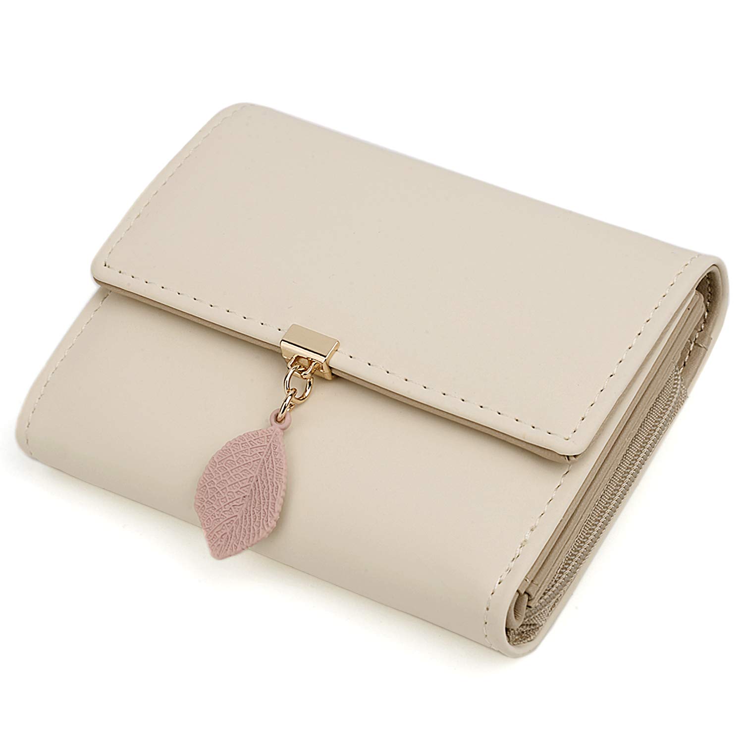 UTO Purses for Women Mother Mum RFID Blocking Ladies Wallets Card Cases Money Organisers Zipper Coin Pocket 6 Slots Leaf Pendant Faux Leather Beige