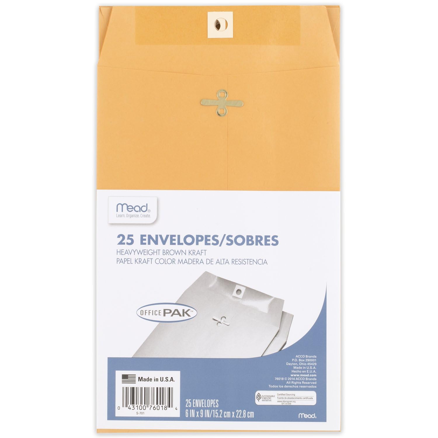 Mead Envelopes, 6" x 9", Clasp Closure, Brown Kraft All-Purpose 24-lb Paper Mailing Envelopes, 25 Count (76018)