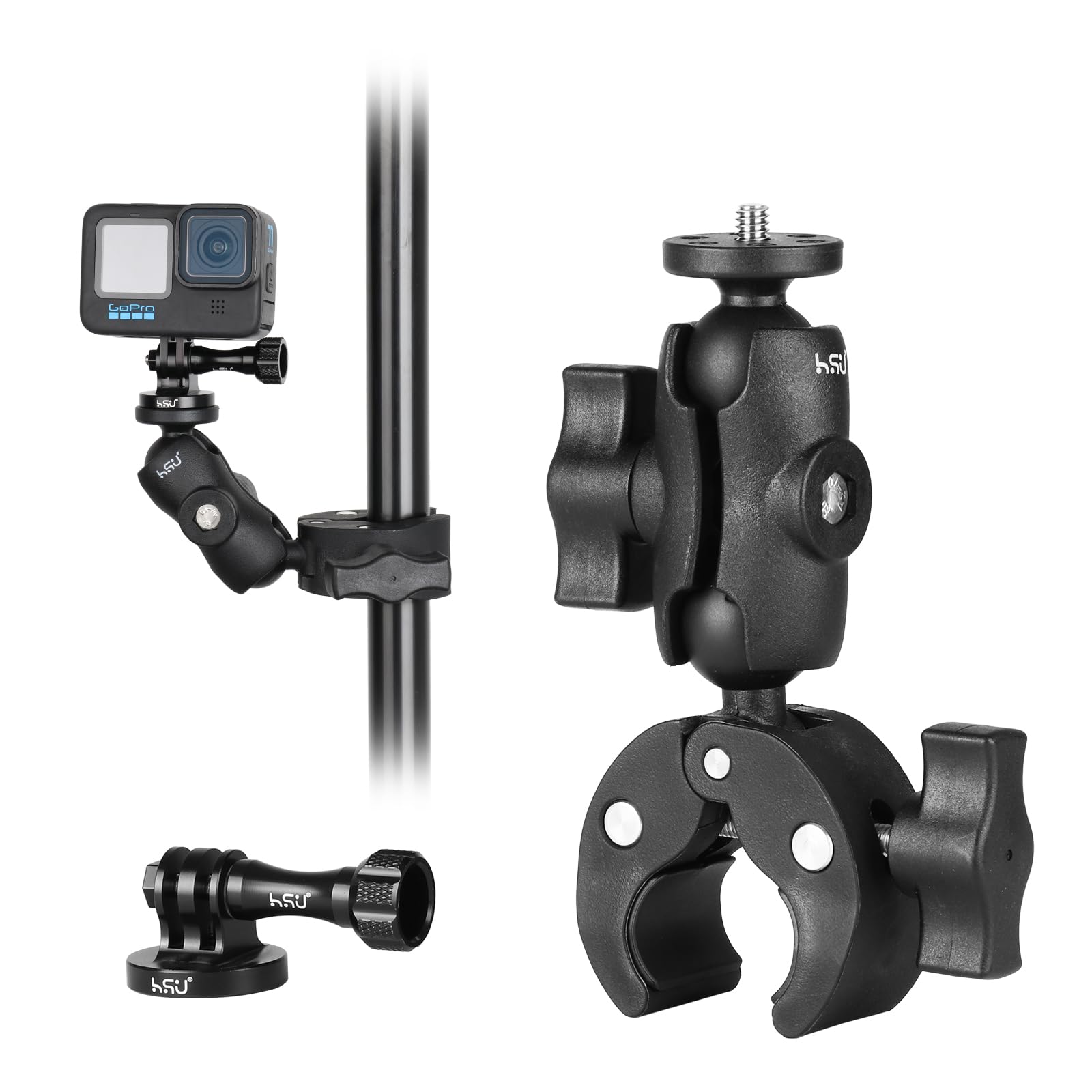 HSU Super Clamp Mount with Aluminum Tripod Mount Adapter, 360° Rotation Motorcycle Bike Handlebar Mount Clip for GoPro and other Action Cameras