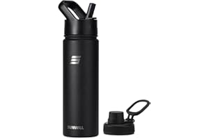 SUNWILL Metal Water Bottle with Straw 22 oz, Stainless Steel Insulated Flask for Cold and Hot Drink, Travel, Sports, Gym, Pow