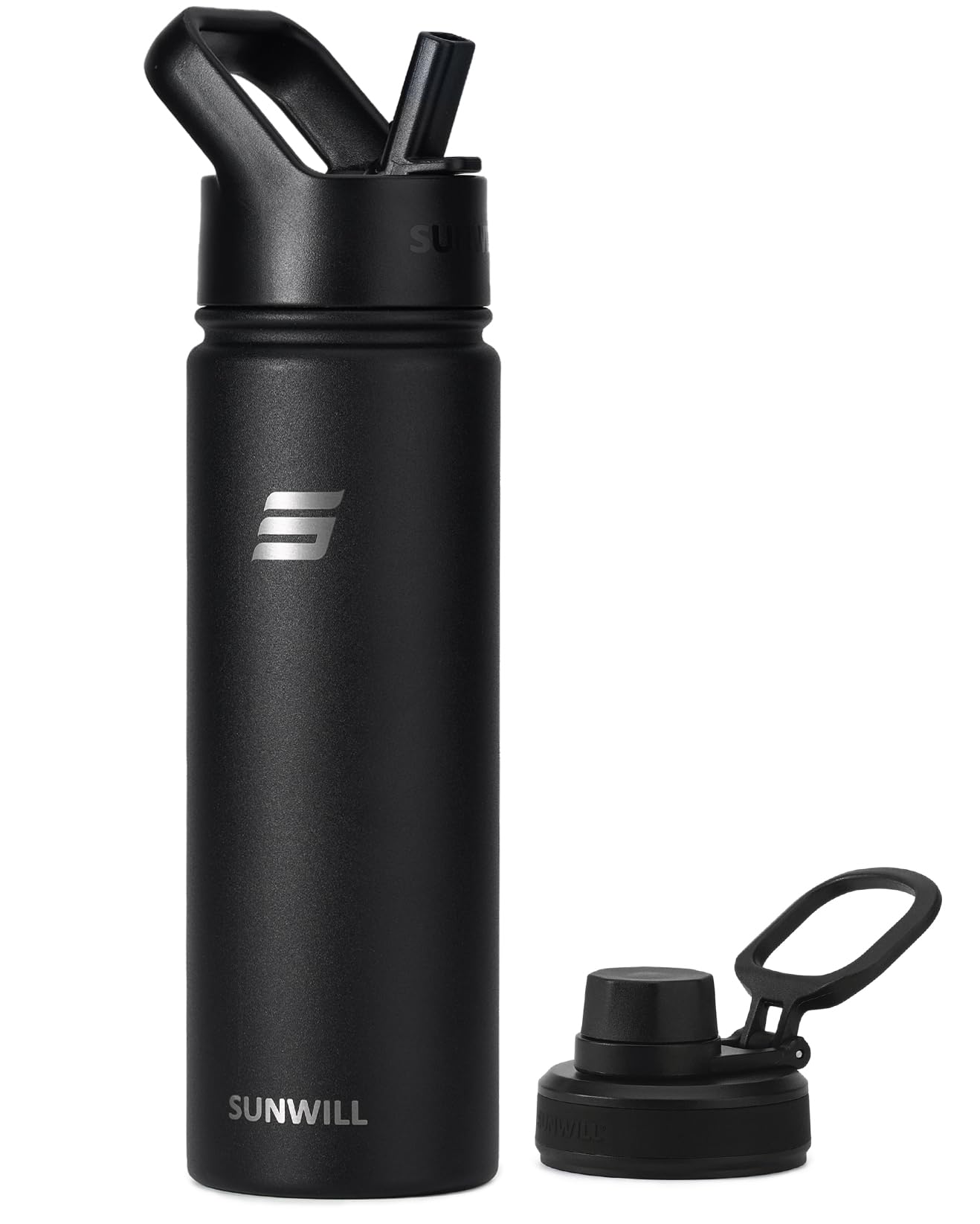 SUNWILL Metal Water Bottle with Straw Stainless Steel, 650ml Insulated Leakproof Thermal Flask for Cold and Hot Drink, Travel, Sports, Gym, Black