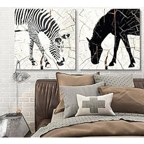 2 Panel Square Canvas Wall Art - Zebra Horse Wood Effect Canvas - Giclee Print Gallery Wrap Modern Home Art Ready to Hang - 12"x12" x 2 Panels