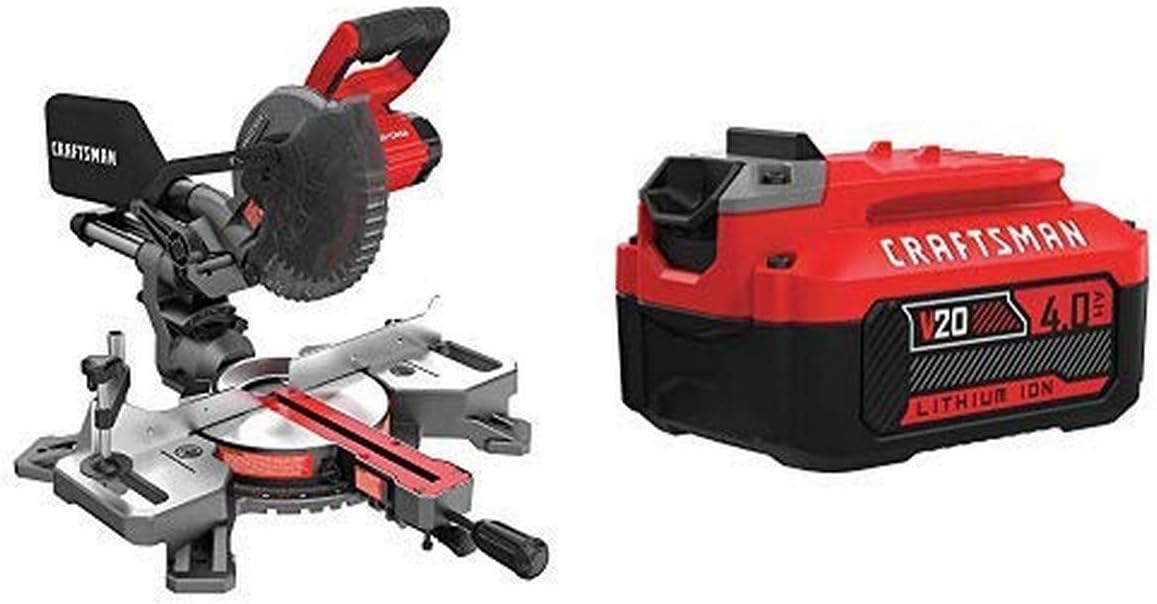 CRAFTSMAN V20 7-1/4-Inch Sliding Miter Saw Kit with EXTRA Lithium Ion Battery, 4.0-Amp Hour (CMCS714M1 & CMCB204)