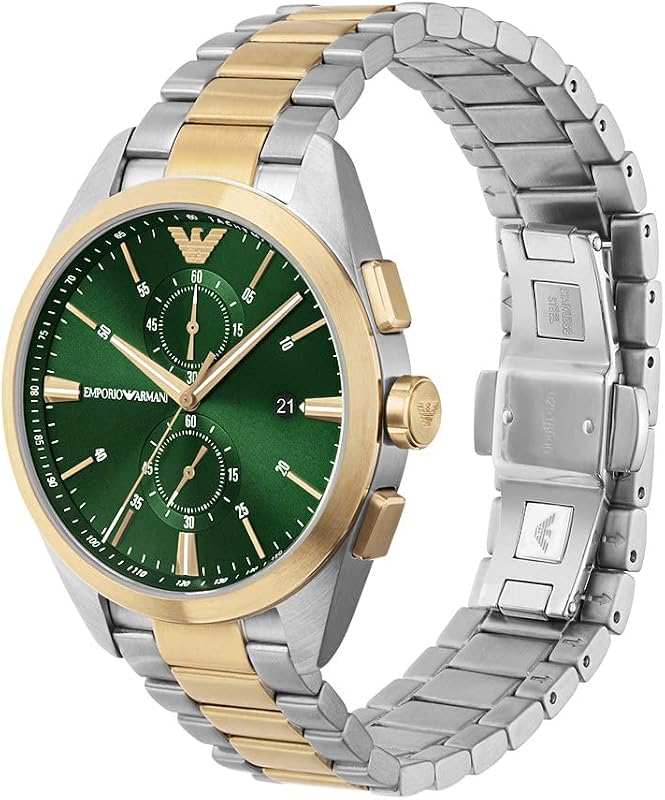 Watch for Men, 2 sub dial Chronograph Movement and 43mm Case Size with Stainless Steel, Leather or Silicone Strap Goldton und Grün, 43MM