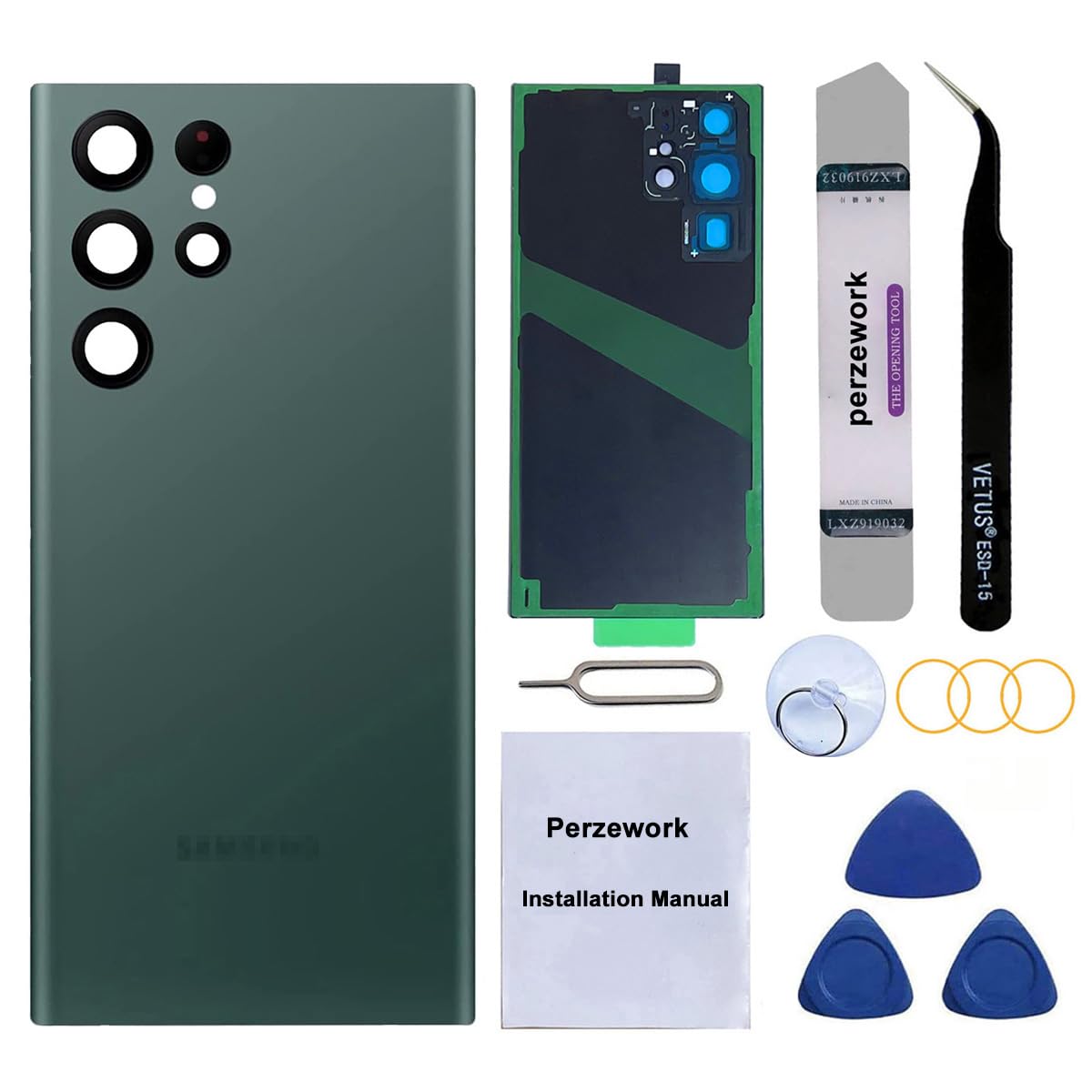 Photo 1 of Perzework Rear Back Glass Replacement for Samsung Galaxy S22 Ultra 6.8 inches 5G with Reparing Toolkit and Pre-Installed Adhesive (Green)