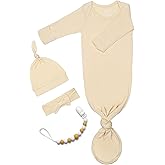 Newborn Baby Knotted Gown, Super Soft Silky Infant Long Sleeve Sleeper for Baby Girl and Boy Sleeping Bag with Mittens and Hat & Bowknot Set (Extra Long),Coming Home Outfit