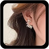 Ximdble Vintage Crystal Flower Ear Climber Earrings Pearl Flower Stud Earrings Boho Gold Sparkly Cz Stud Crystal Curved Ear Warp Pearl Jewelry for Women