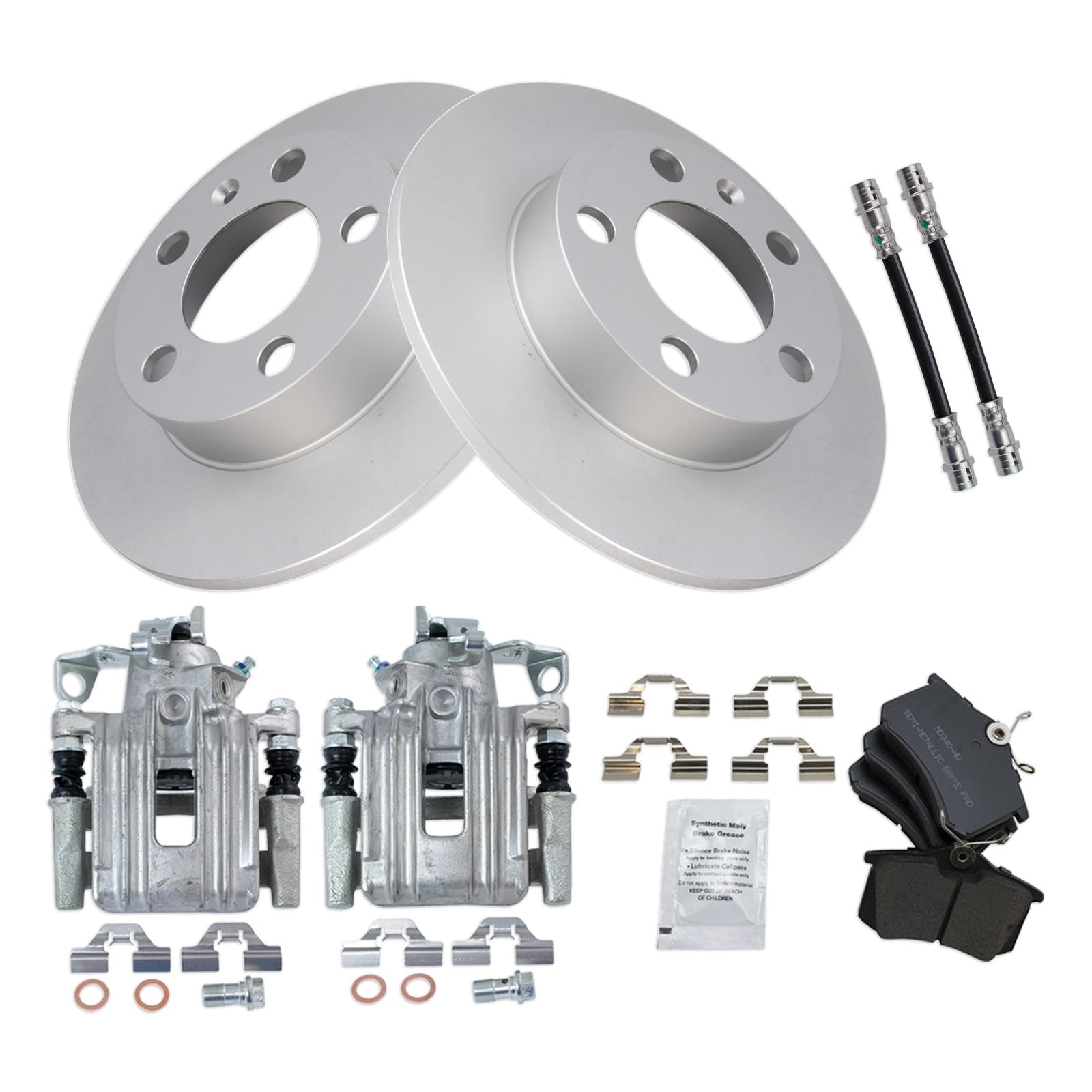 TRQ Rear Brake Pad and Rotor Set Semi Metallic Coated Rotors Calipers Compatible with 1999 Volkswagen Jetta