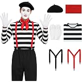 Men's French Mime Costume Striped Long Sleeve Shirt with Accessories | Halloween Mime Artist Cosplay Outfit Set Black White Striped Shirt with Beret Hat Red Scarf Suspenders White Gloves for Adult