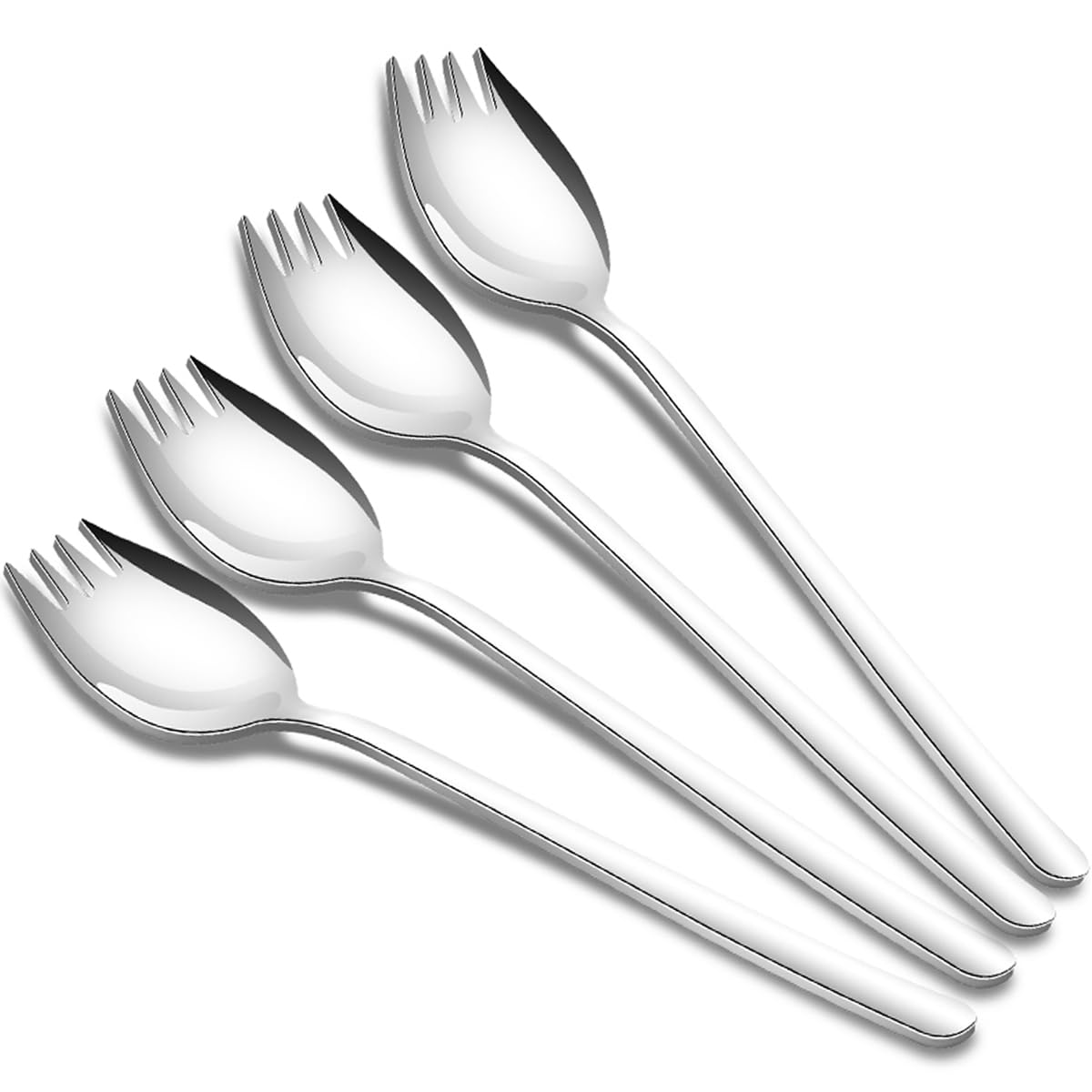 Tiokin Sporks, 4-Pack Salad Forks, 18/10 Stainless Steel, 7.4 Inches Long Handle, Ice Cream Spoons, Flatware Set, Reusable Fruit & Appetizer Forks for Household Use or Camping
