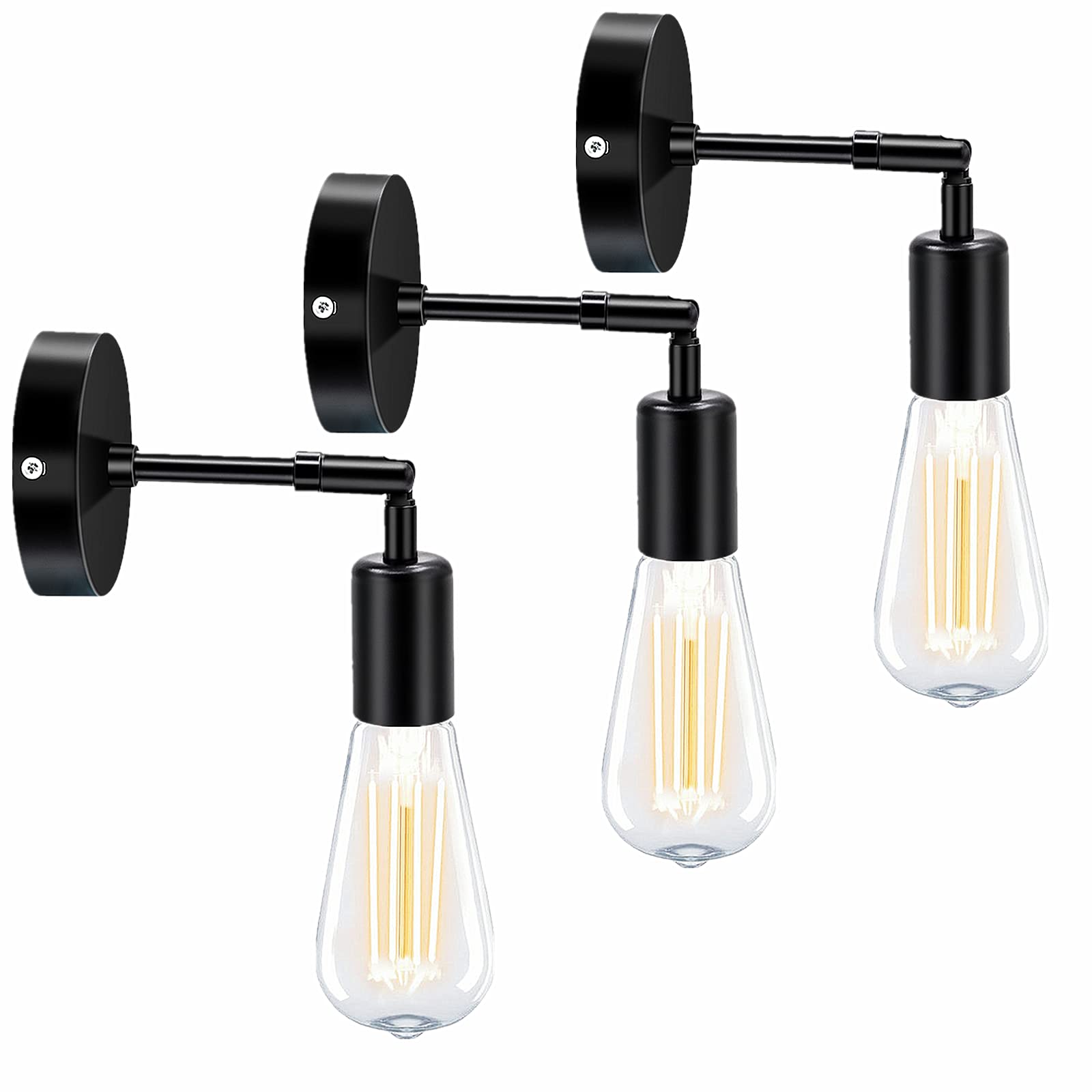 Black Wall Sconces E27 Vanity Wall Lights Industrial Wall Mount Lighting Fixtures Rotatable for Bedroom Living Room(No Bulbs), 3PCS