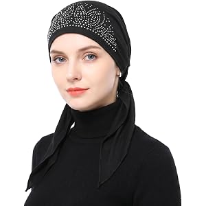 Dimioaoa Women Slip-On Rhinestone Pre-Tied Beanie Headwear, Turban Covering Wrap Beanie Caps Headscarf, Polyester Fabric Stre