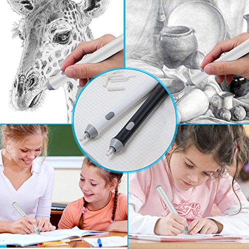 Electric Eraser with Refills, Battery Operated Eraser with Additional Replaceable Rubbers for Art Pencils, Drawing, Painting, Sketching, Drafting, Arts and Crafts (Black)