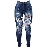 Women's High Waist Plus Size Destroyed Jeans Slim Skinny Ripped Trousers Stretch Denim Pants
