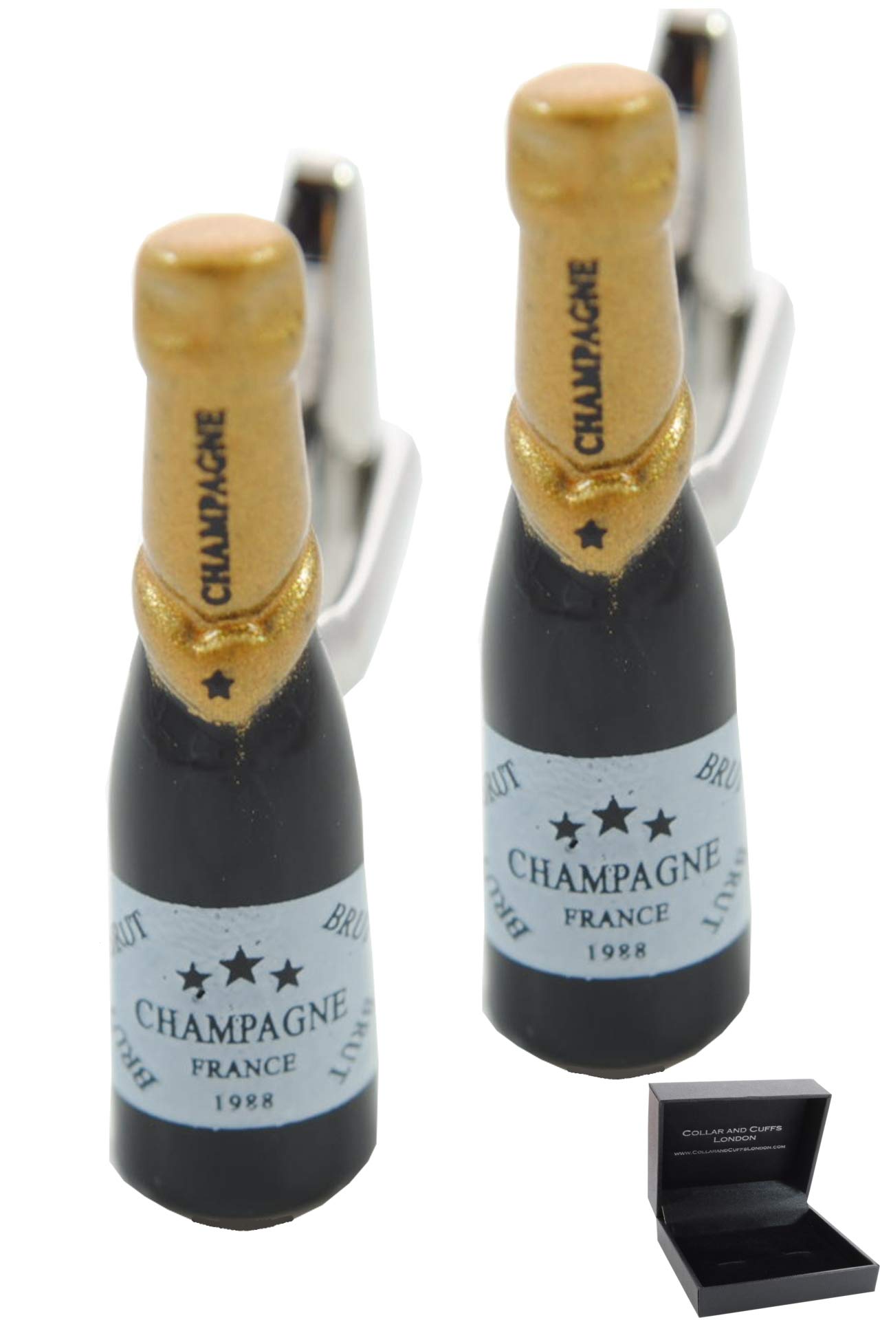 Cufflinks for Men + Presentation Box - Black - Champagne Bottle - Solid Brass Metal - Celebration Bubbly Magnum Special Occasion - Black and Gold Colours - One Pair