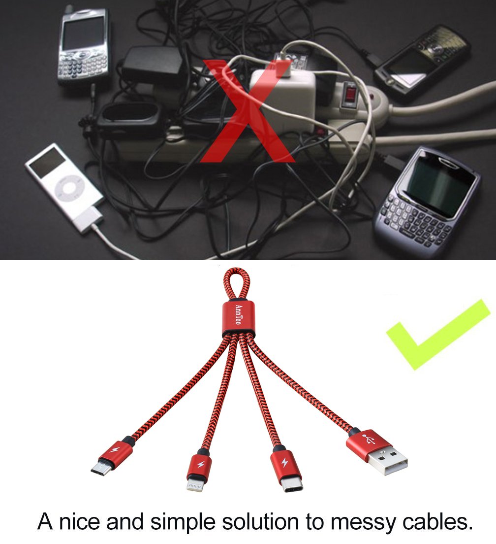 Multi USB Charger AnnToo Multi USB Cable 0.6 FT 3 in 1 Nylon Braided Multiple USB Charging Cables for iPhone iPad Android etc Smartphones with Type C Connector - Red [Only Charging]