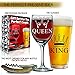 King Beer Queen Wine Glass (Set of 2) - His Hers Couple Drinkware - Newlyweds Wedding Anniversary Bridal Gift - Mr and Mrs Housewarming Birthday Glassware - Husband Wife Funny Fancy Royalty Novelty