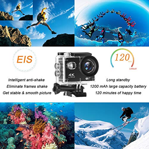 NINE CUBE Action Camera 4k Ultra HD WiFi 20MP, 30M deep Underwater Camera, 170°Wide Angle Sports Cam,2.0’’LCD, 2.4G Remote Control, External Mic,EIS,2Pcs Rechargeable Batteries & Installation Kits