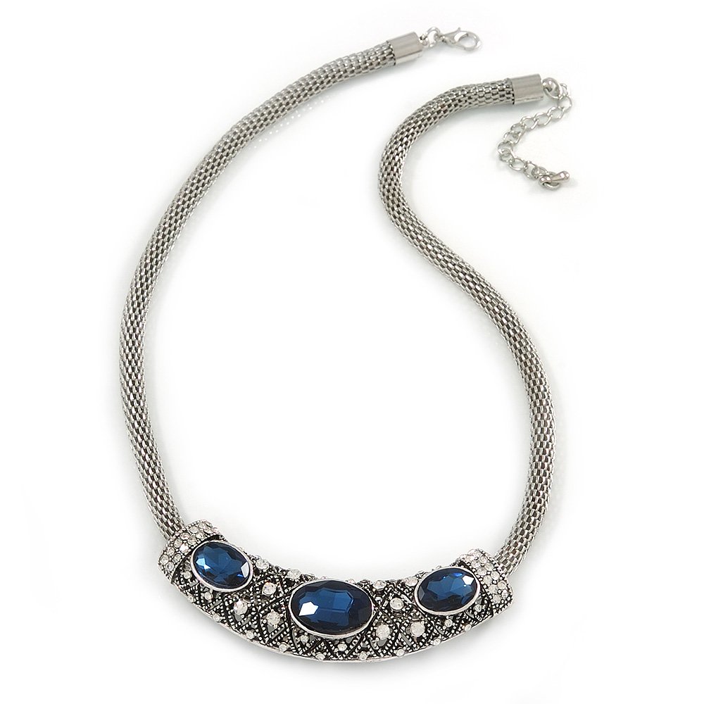 Avalaya Mesh Chain With Midnight Blue/Clear Crystal Sliding Bar Pendant Necklace/Silver Tone/ 44cm L/ 4cm Ext
