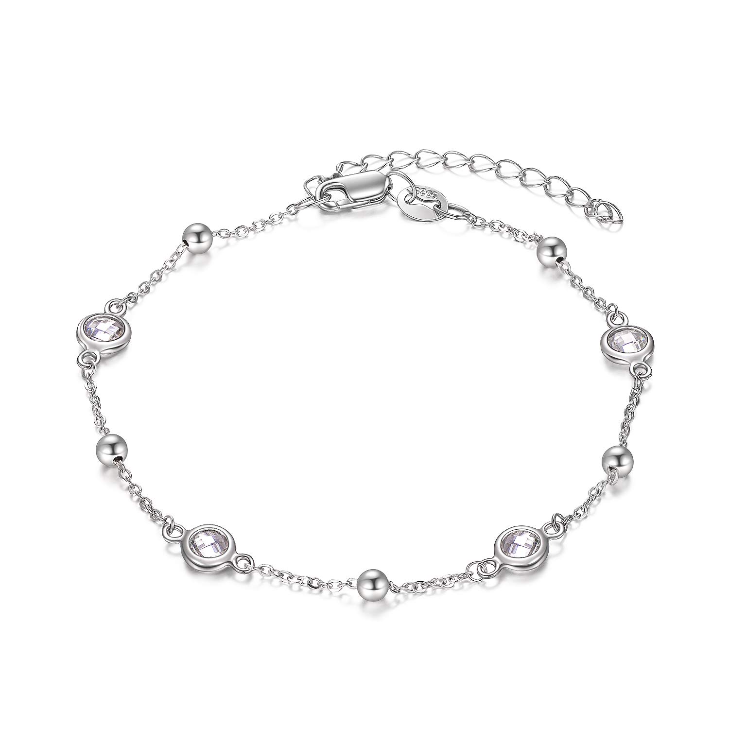 AOBOCO 925 Sterling Silver Ball Bead Anklet Bracelets Adjustable Chains for Women Girls 9''+2''