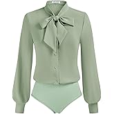Kate Kasin Women Bow Tie Neck Office Blouse Button Down Long Sleeve Bodysuits Blouse Top