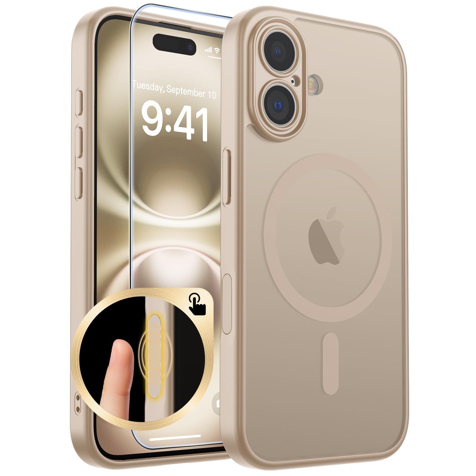 SUPFINE Magnetic for iPhone 16 Case with Camera Control Button,[Full Camera Protection][1+Tempered Glass Screen Protector] Slim Translucent Matte Shockproof Phone Cover,Sand Gold
